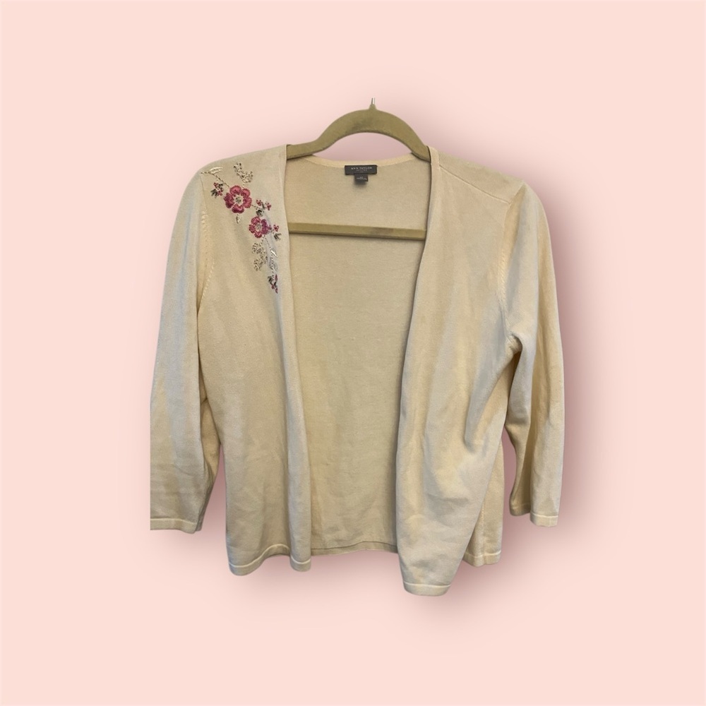 Ann Taylor Cream Cardigan with Floral Embroidery